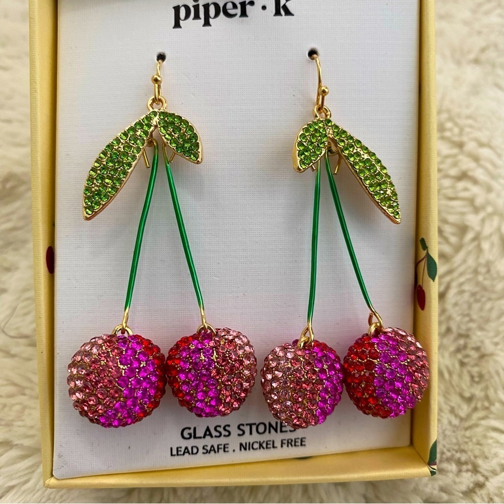 Crystal Cherry Statement Dangle Earrings Pink Gre… - image 6
